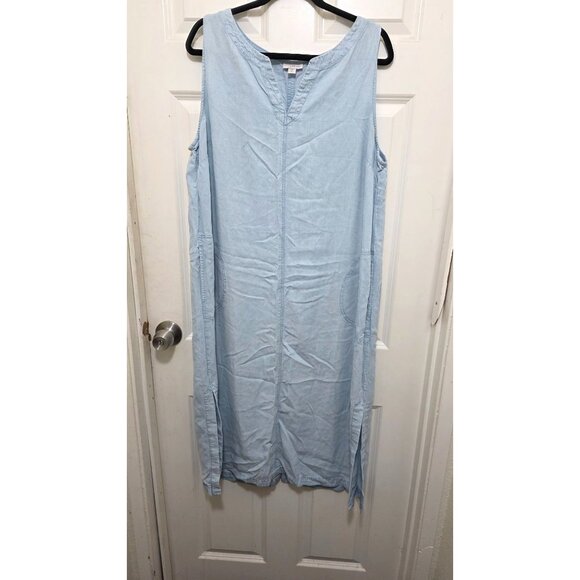 J.JILL Light Blue Sleeveless Wester Denim-Look V-Neck Maxi Dress Side Pockets & - Picture 2 of 8